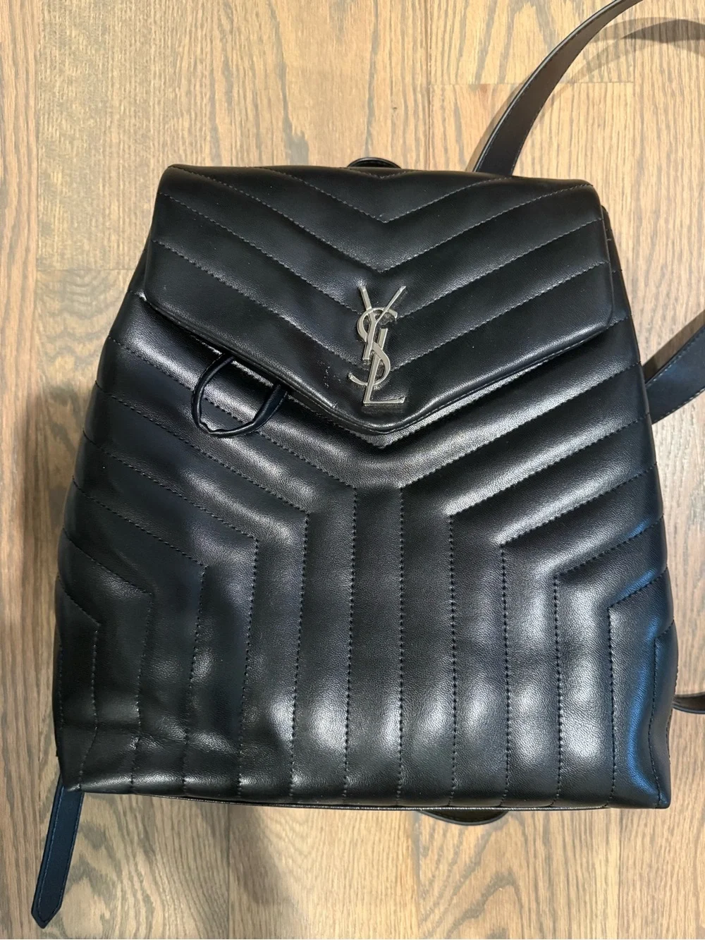 Saint Laurent STYLE Black Chevron Quilted Leather Backpack with Silver YSL Logo